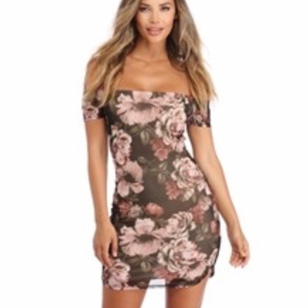 Windsor Floral Off The Shoulder Olive Dress Small